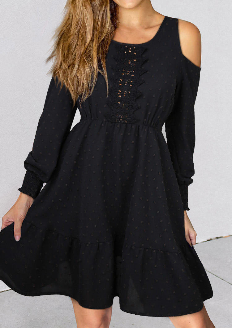 

Dotted Swiss Lace Cold Shoulder Mini Dress - Black, SCM018876