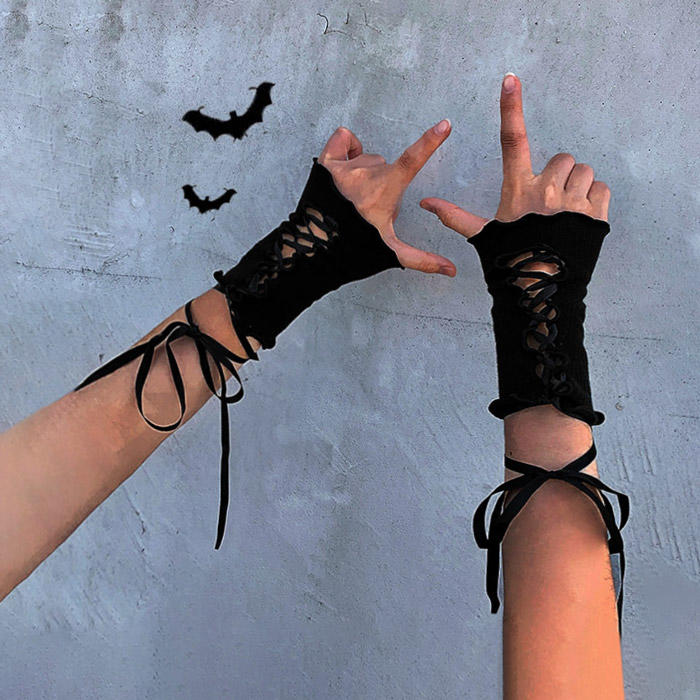 Halloween Lace Up Hollow Out Fingerless Gloves - Black