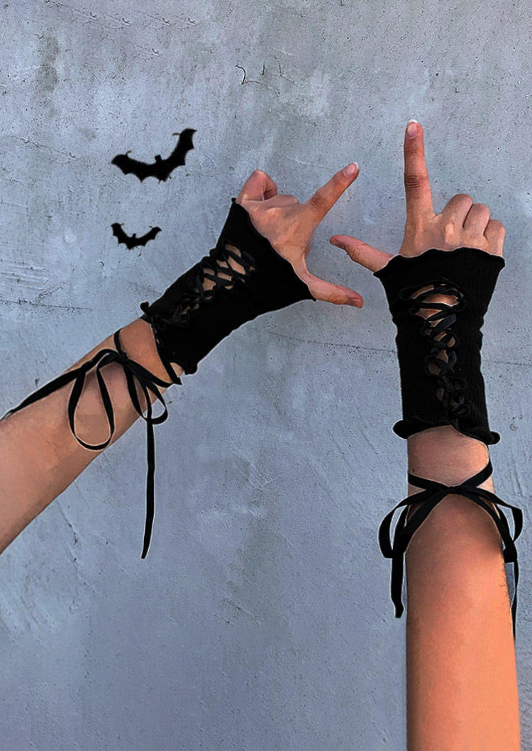 

Halloween Lace Up Hollow Out Fingerless Gloves - Black, SCM019041