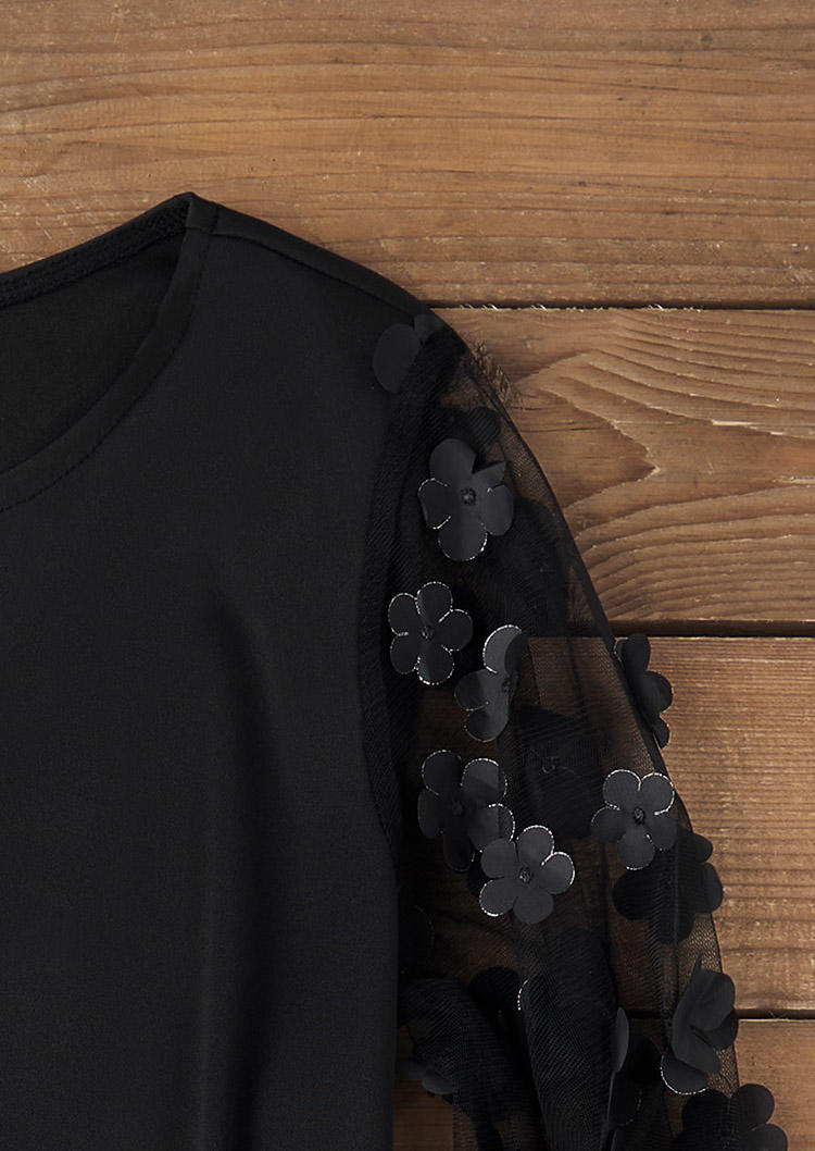 Floral Button Lace Splicing Mini Dress - Black