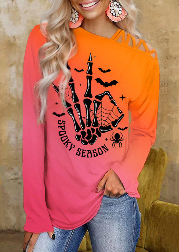 

Halloween Spooky Season Bat Spider Skeleton Hand Gradient Blouse, Multicolor, SCM019161