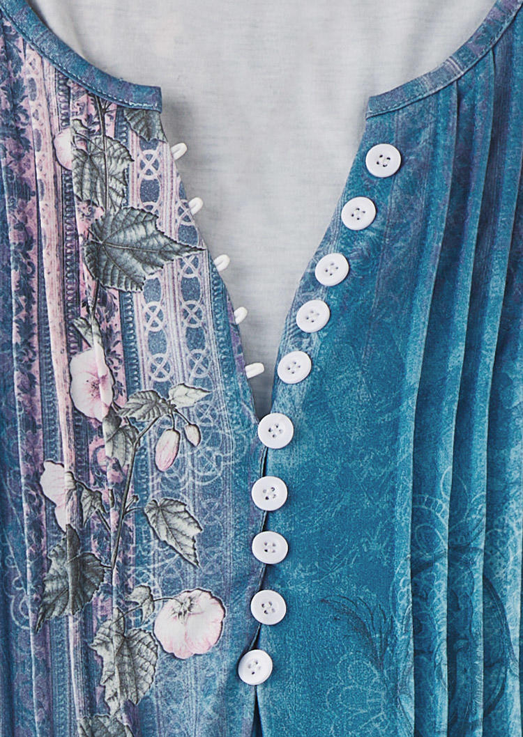Floral Button Ruffled Sleeveless Mini Dress - Blue