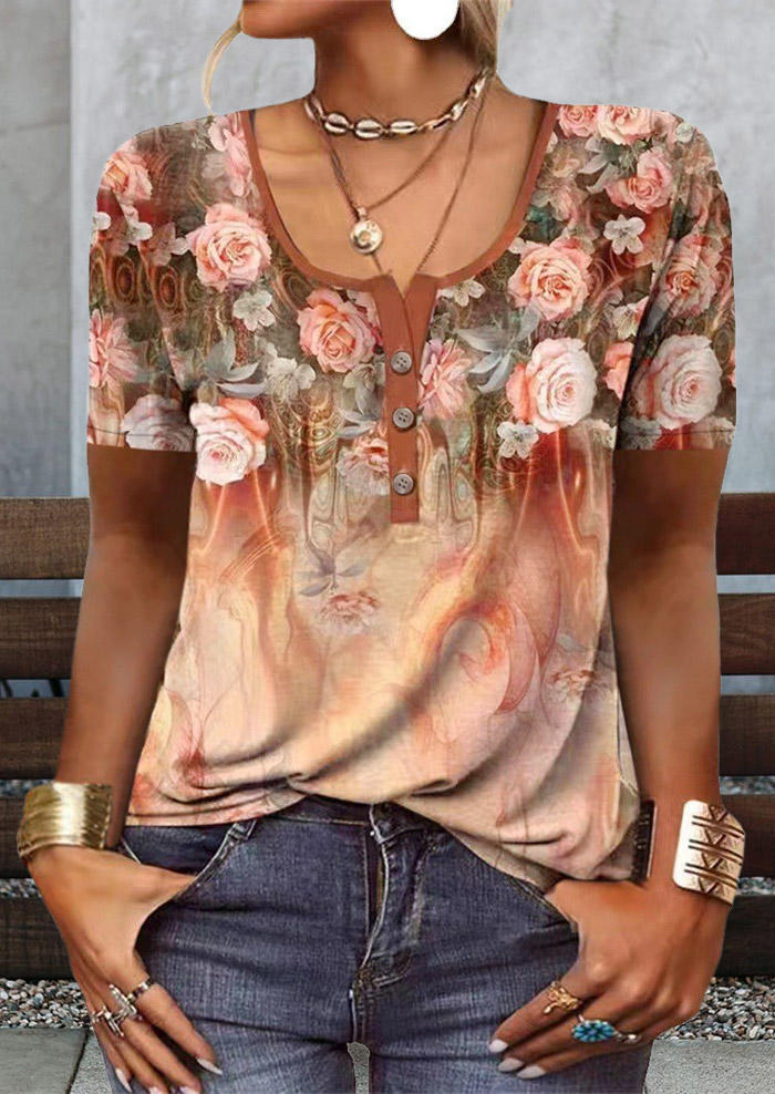 

Floral Button Short Sleeve O-Neck Blouse, Multicolor, SCM019120