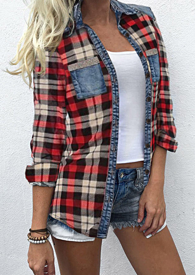

Plaid Pocket Button Long Sleeve Shirt, Multicolor, SCM018511