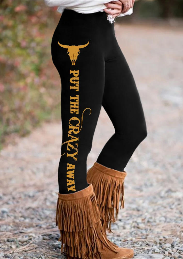 

Put The Crazy Away Steer Skull Elastic Waist Leggings - Black, SCM018935