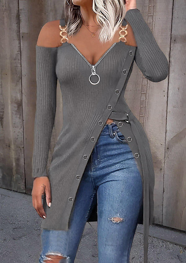 

Metal Chain Zipper V-Neck Blouse - Gray, SCM019008