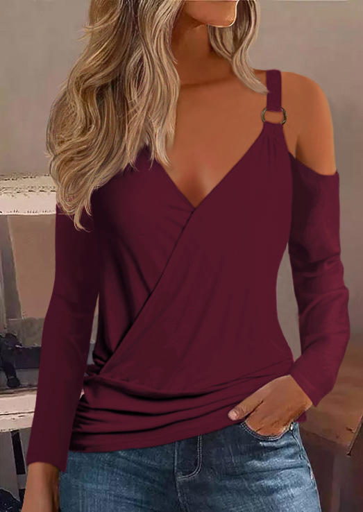 

Wrap Elegant Plain Cold Shoulder Blouse - Burgundy, Red, SCM019102