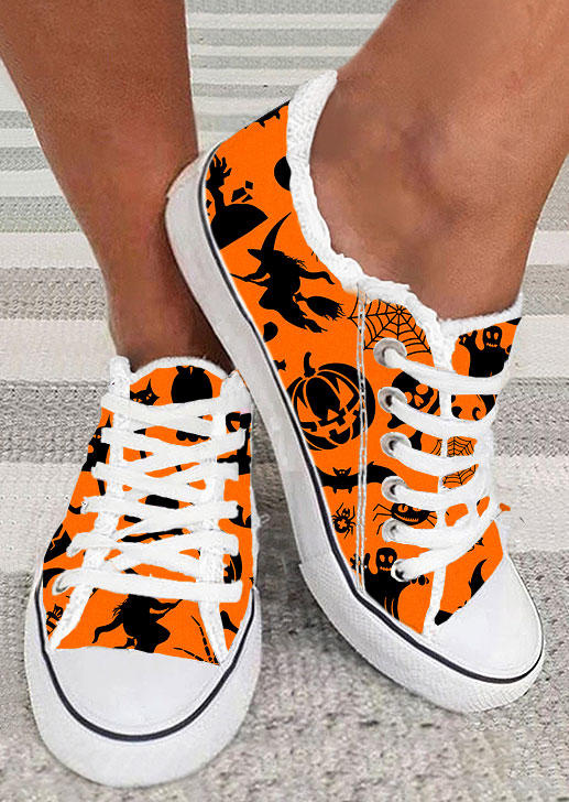 

Halloween Pumpkin Face Witch Skull Flat Canvas Sneakers - Orange, SCM019286