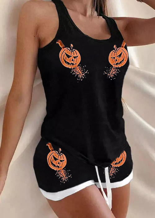 Pumpkin Face Racerback Tank And Shorts Pajamas Set - Black