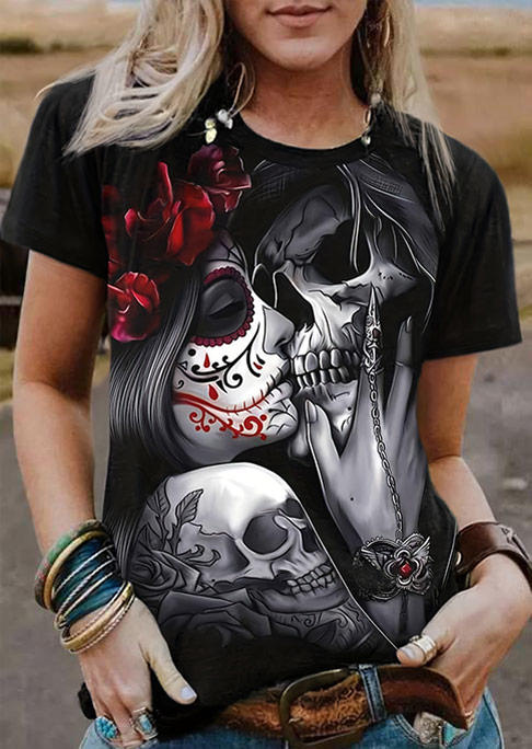 

Skeleton Floral Gothic T-Shirt Tee - Black, SCM018787