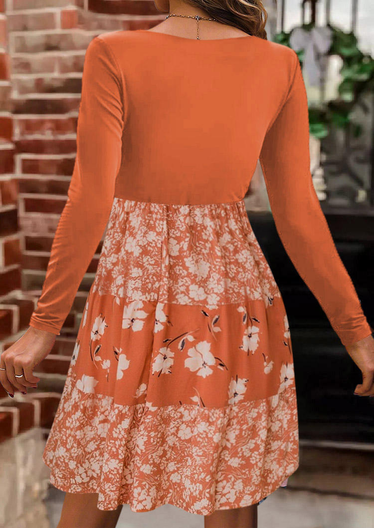 Floral Color Block Chains Hollow Out Mini Dress - Orange