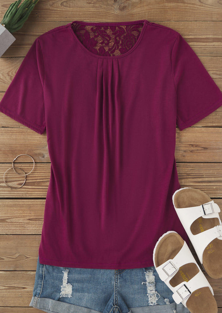 Lace Splicing Back Knot Short Sleeve Blouse - Cameo Brown