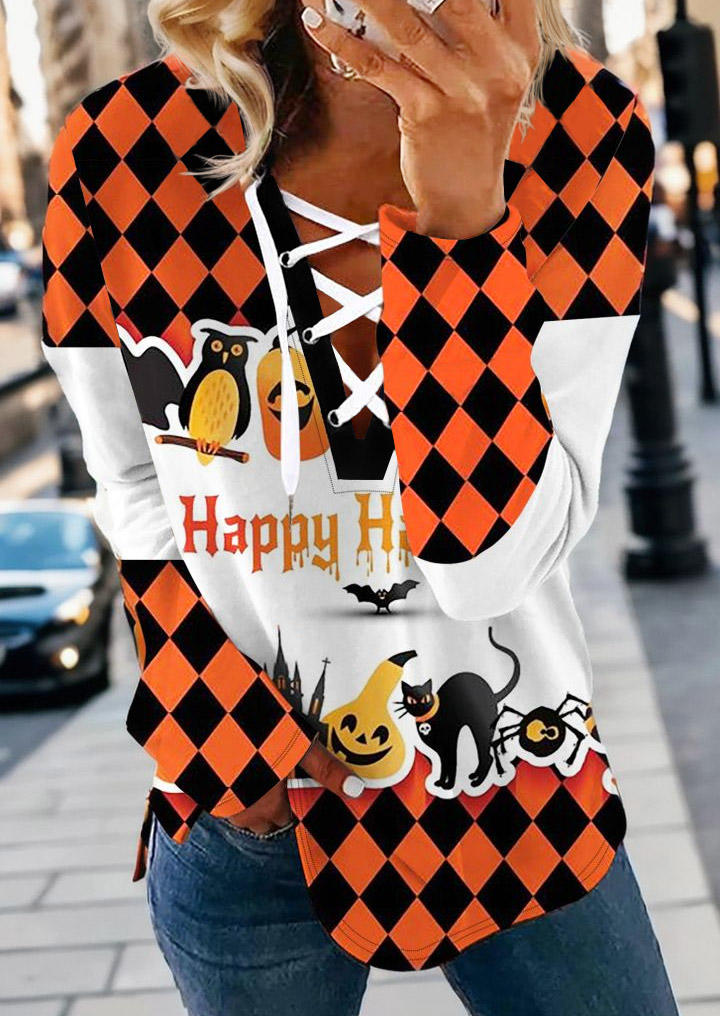 

Happy Halloween Plaid Lace Up Sweatshirt, Orange, SCM019143