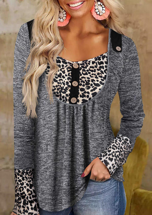 Leopard Button Long Sleeve Blouse - Gray