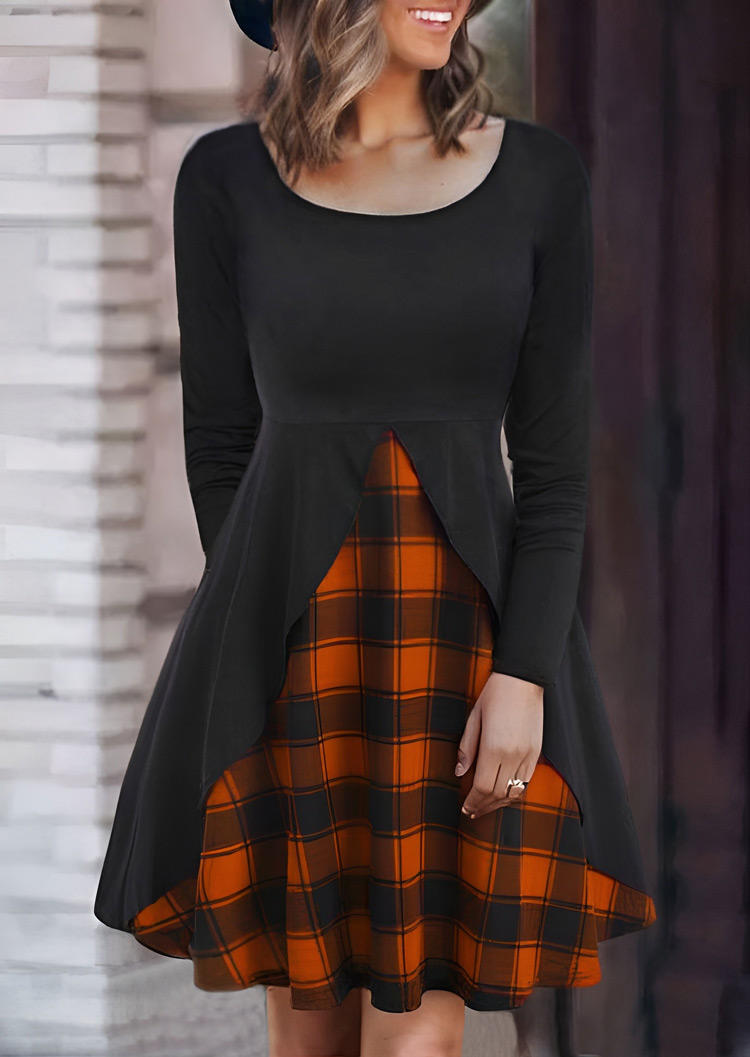 

Plaid Long Sleeve Mini Dress - Black, SCM018973