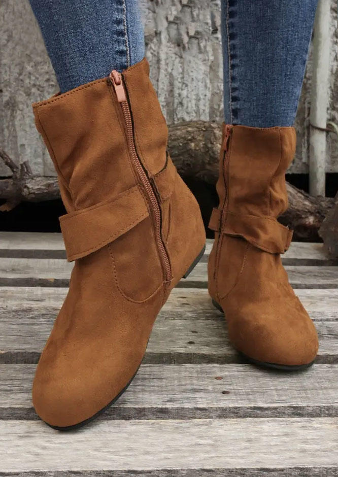 Zipper Buckle Strap Round Toe Boots - Brown