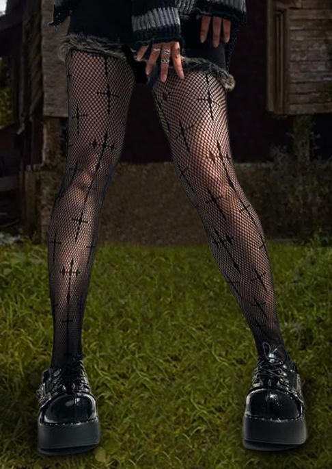 

Cross Hollow Out Fishnet Tights - Black, SCM019040