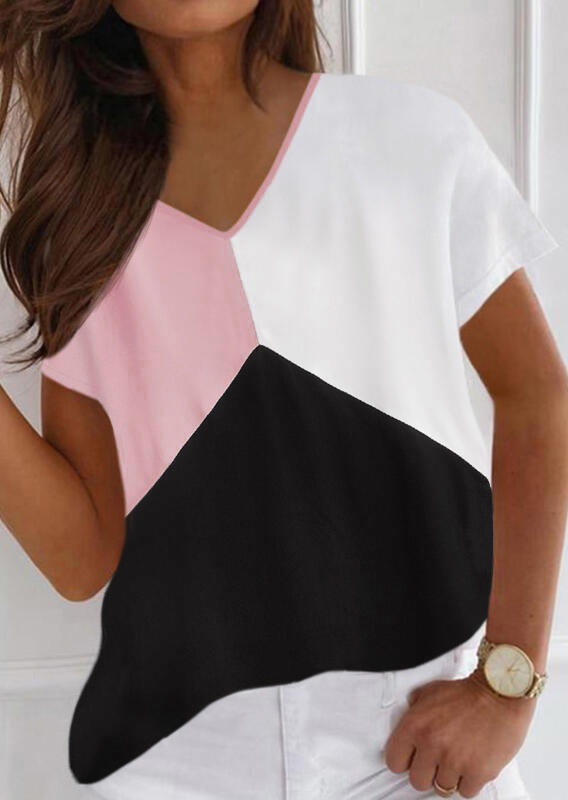 

Color Block Short Sleeve V-Neck Blouse, Multicolor, SCM019181