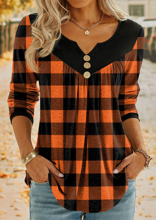 

Plaid Button Ruffled Long Sleeve Blouse, Multicolor, SCM019201