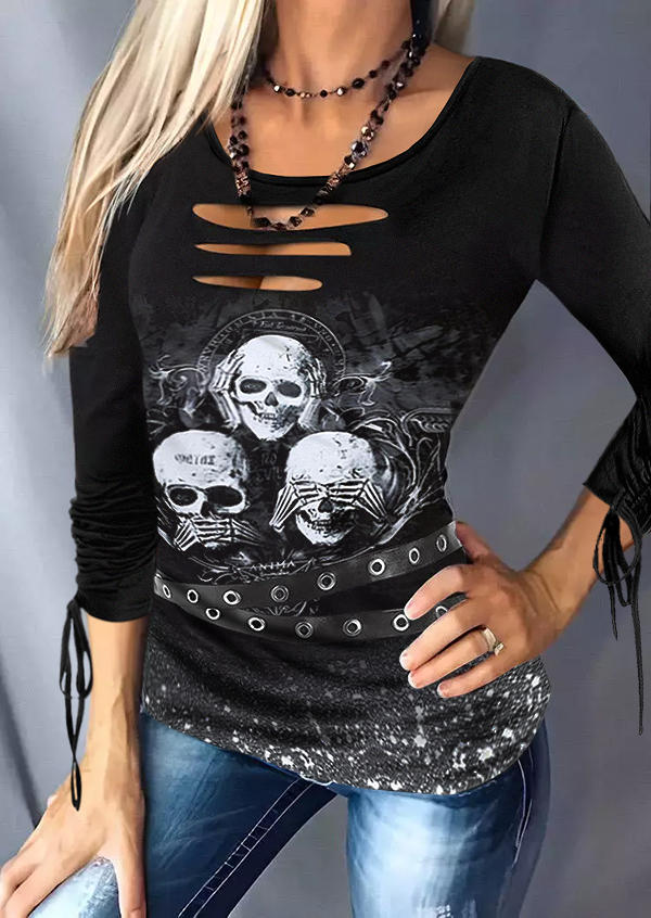 

Skeleton Hand Hollow Out Drawstring Blouse without Eyelet Belt - Black, SCM019210