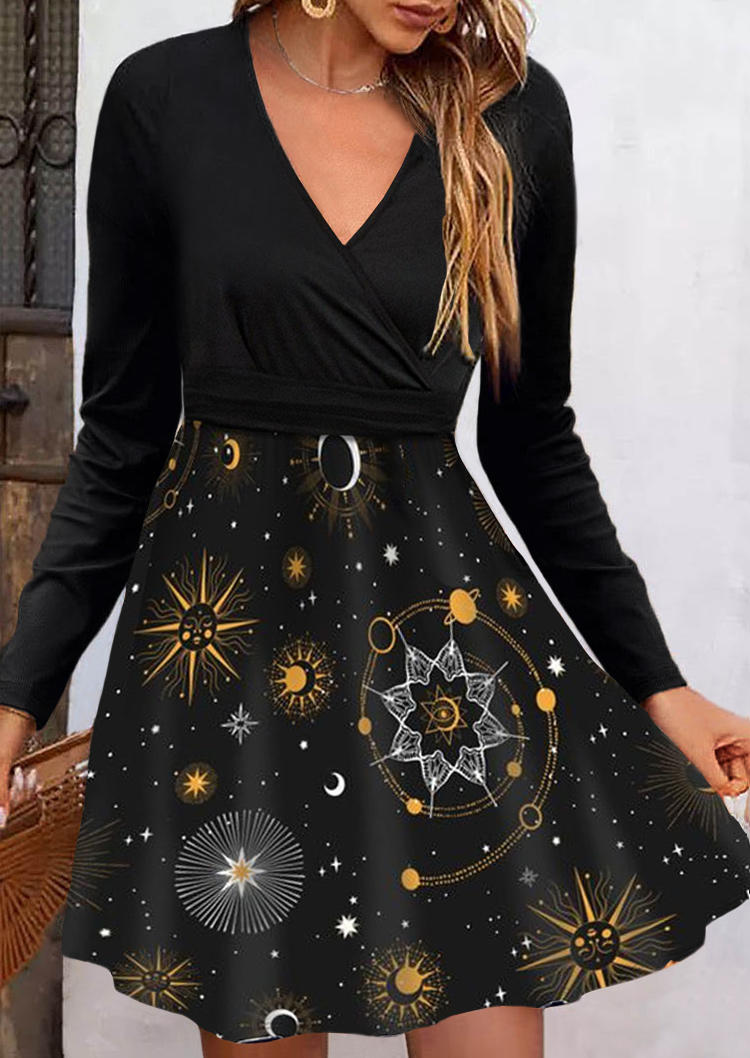 

Moon Sun Star Wrap Long Sleeve Mini Dress - Black, SCM019216