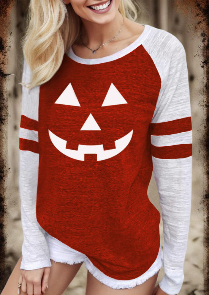 

Halloween Pumpkin Face Raglan Sleeve T-Shirt Tee, Red, SCM019275