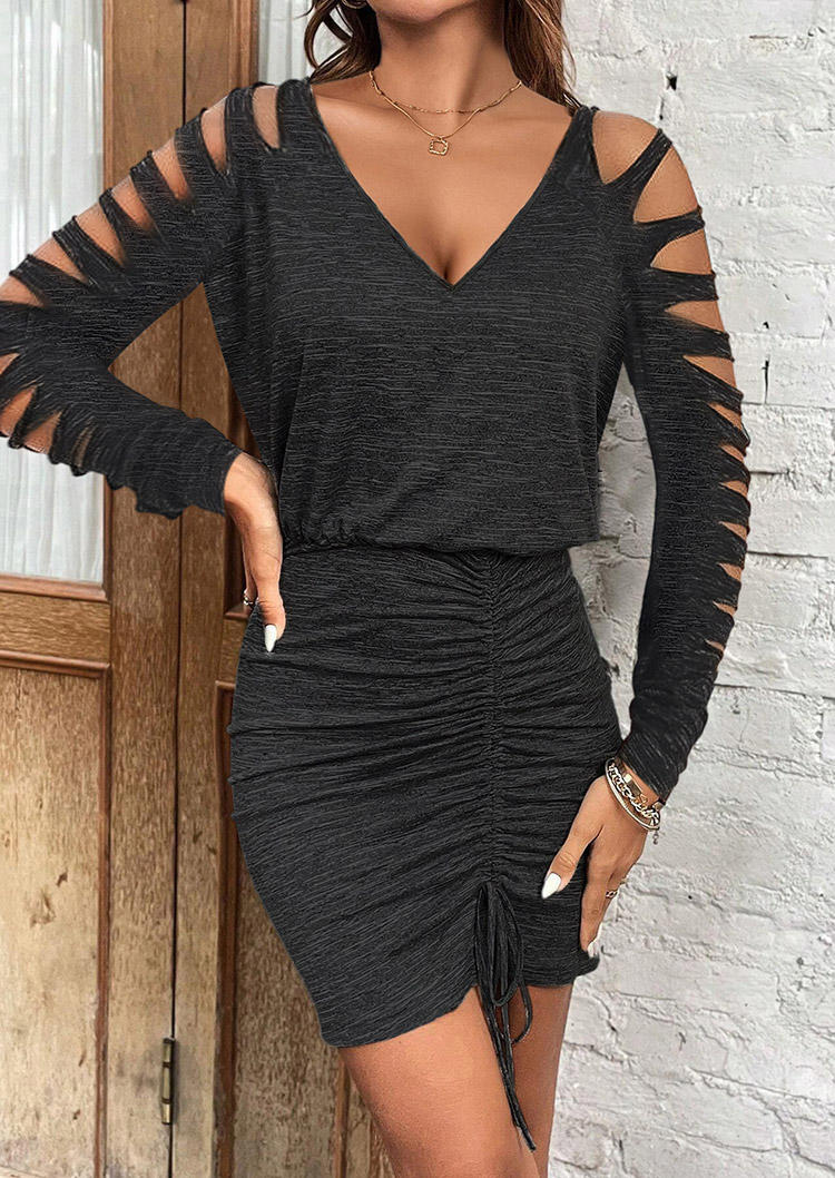 

Drawstring Cut Out V-Neck Bodycon Dress - Dark Grey, Gray, SCM019315