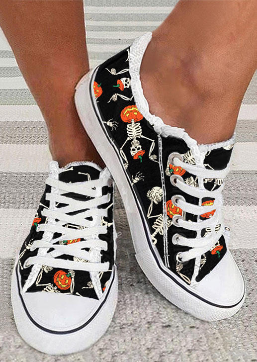 

Halloween Pumpkin Face Skeleton Sneakers - Black, SCM019323