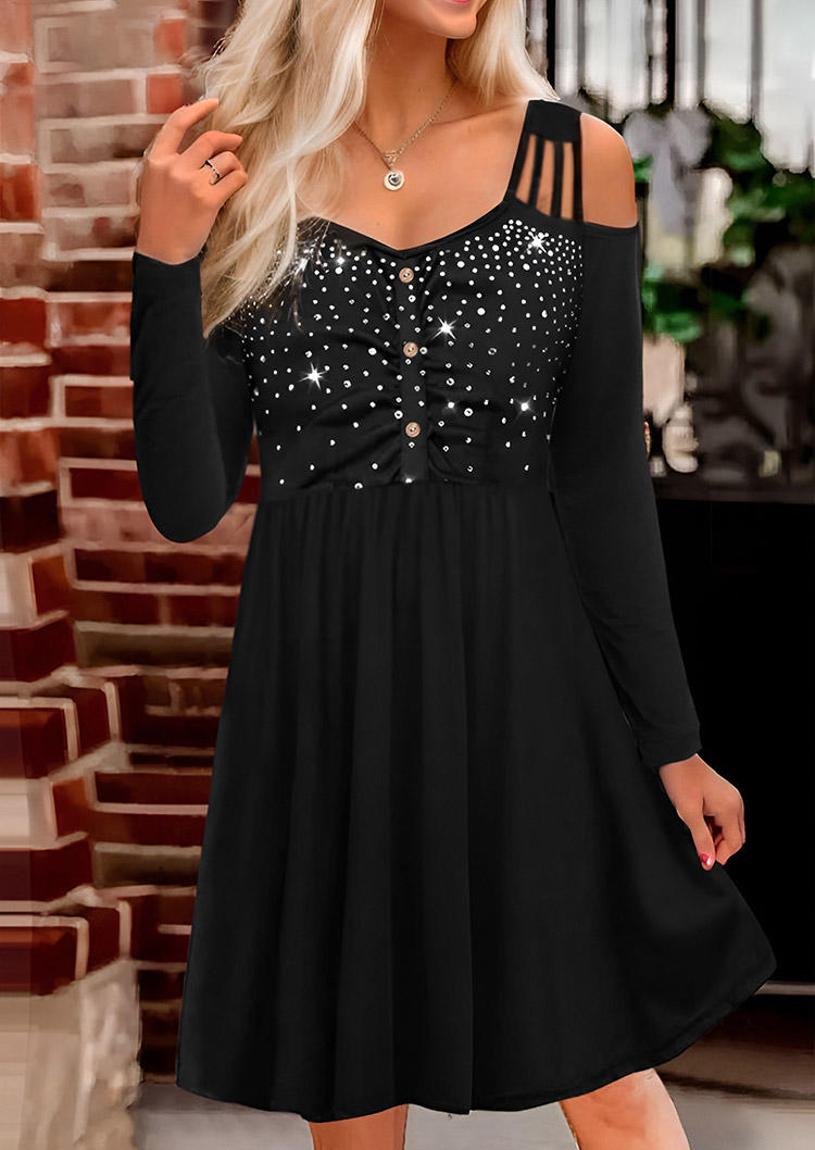 

Hollow Out Button Cold Shoulder Long Sleeve Mini Dress - Black, SCM019002