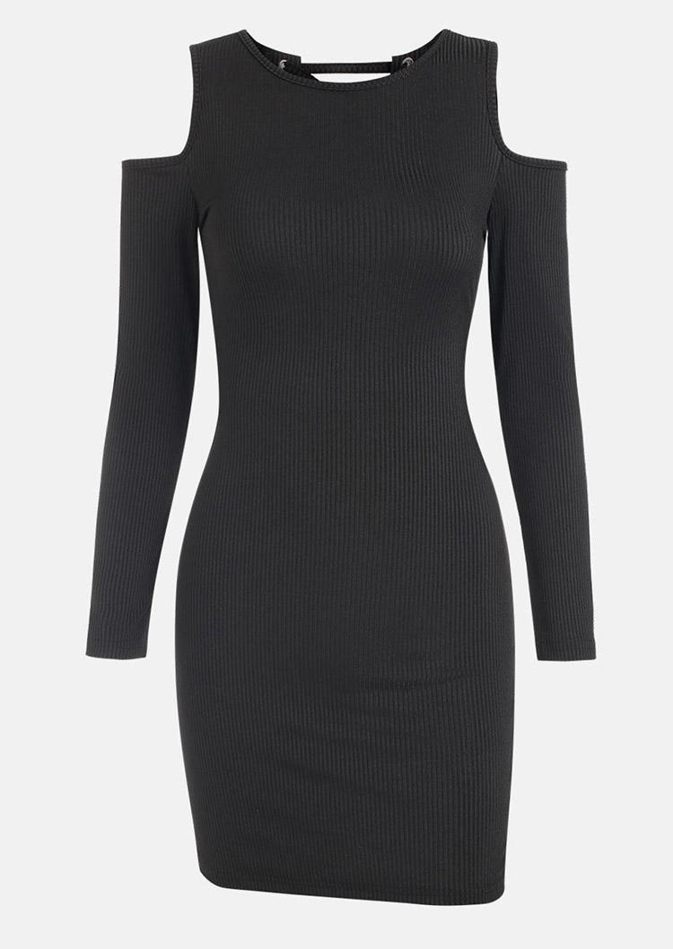 Lace Up Cold Shoulder Bodycon Dress - Black