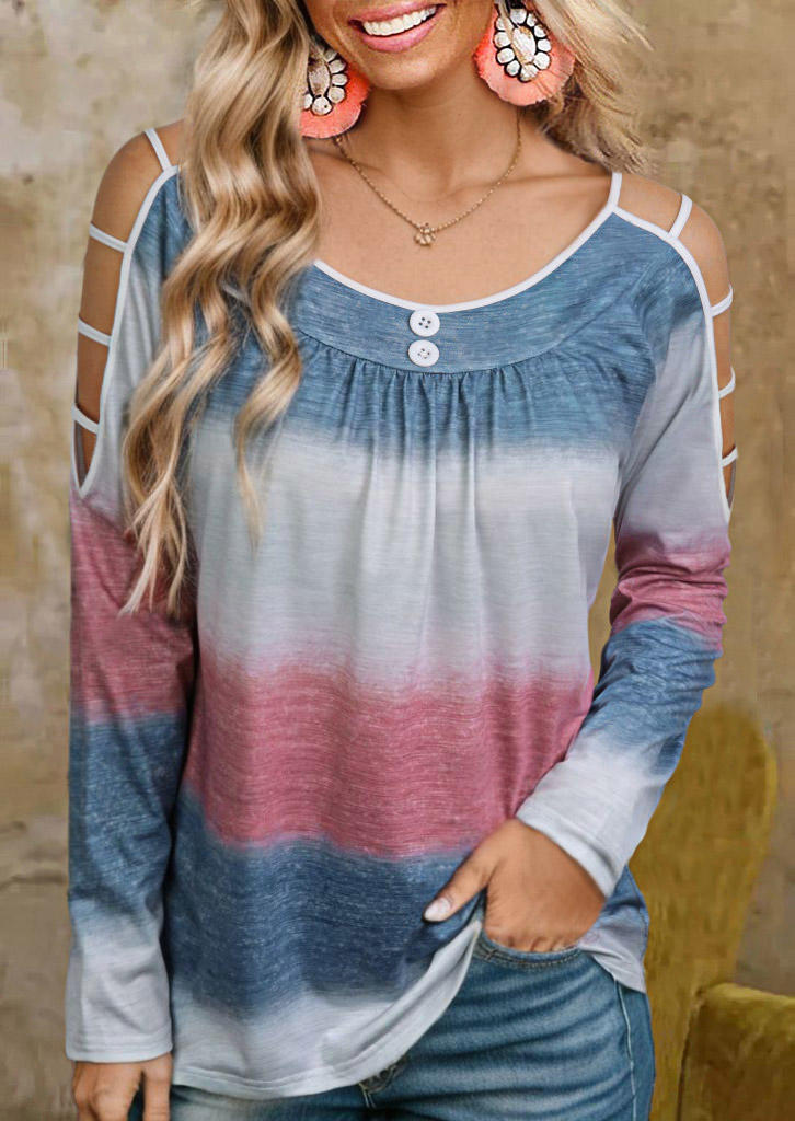

Color Block Hollow Out Button Cold Shoulder Blouse, Multicolor, SCM019109