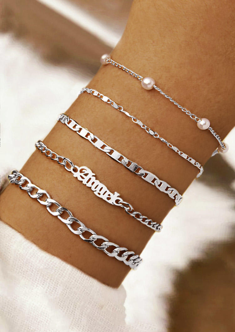 

5Pcs Angel Hollow Out Chains Bracelet Set, Silver, SCM019130