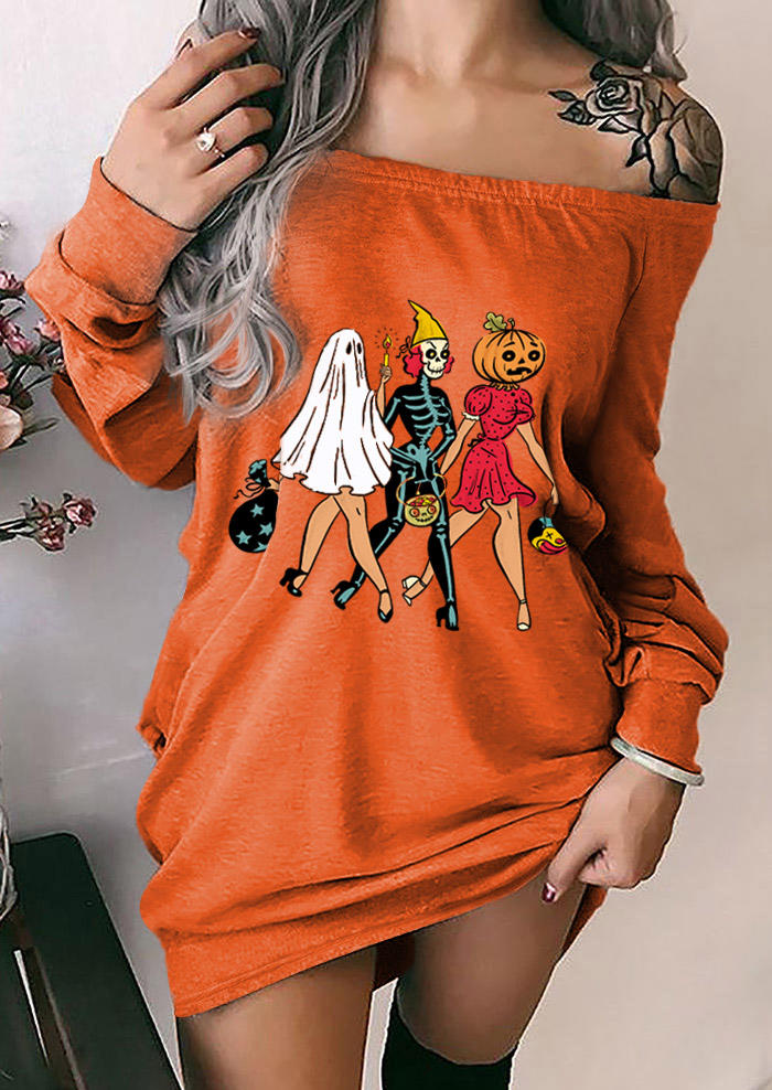 

Pumpkin Face Skeleton Sweatshirt Dress - Orange, SCM019445