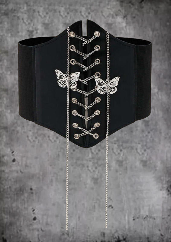 

Butterfly Lace Up PU Leather Corset Cinch Wide Waist Belt, Black, SCM018925