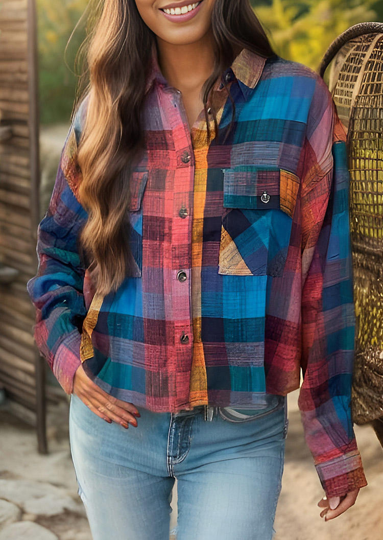 

Plaid Button Pocket Turn-Down Collar Shirt, Multicolor, SCM019011