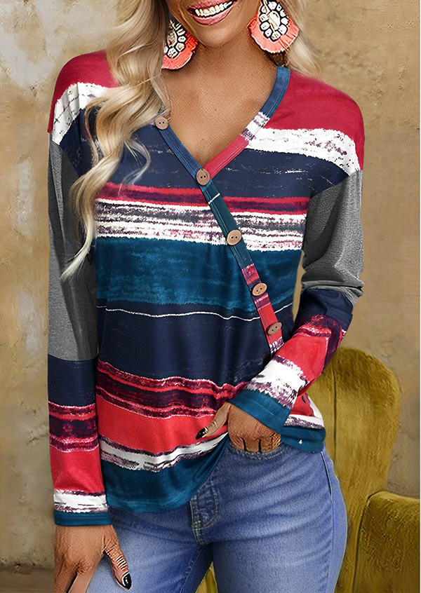 

Color Block Striped Button V-Neck Blouse, Multicolor, SCM019033