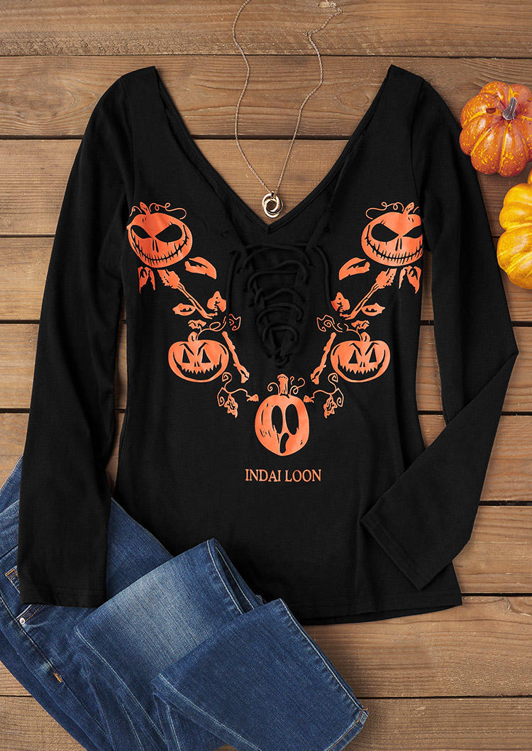 Halloween Pumpkin Face Lace Up Blouse - Black