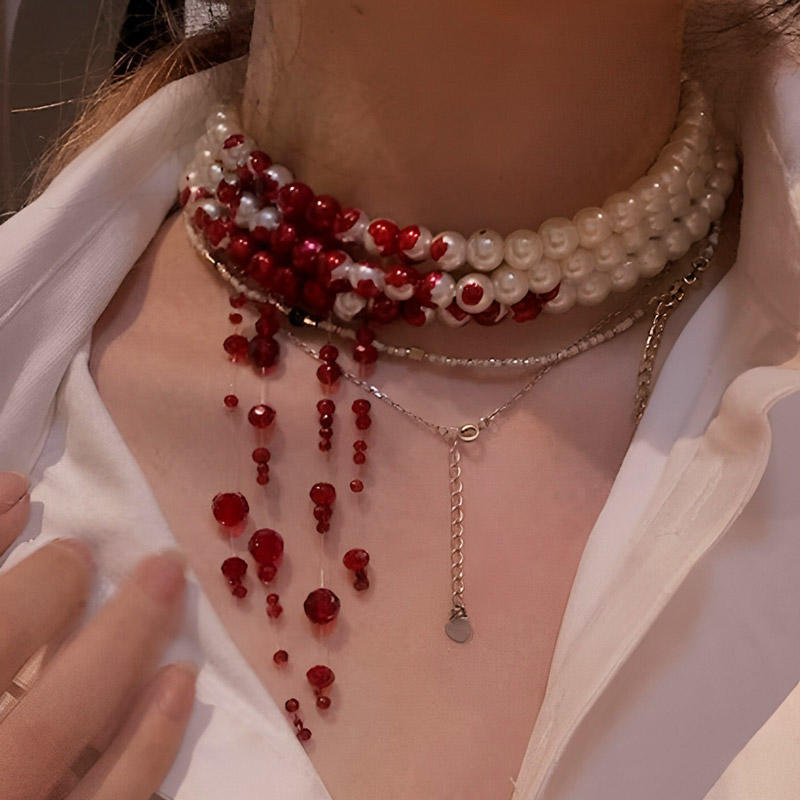Blood Drop Pearl Tassel Choker Necklace