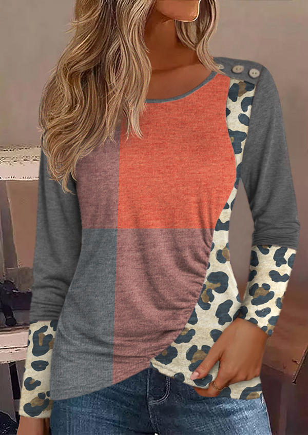 

Leopard Color Block Button Ruffled Blouse, Multicolor, SCM019158