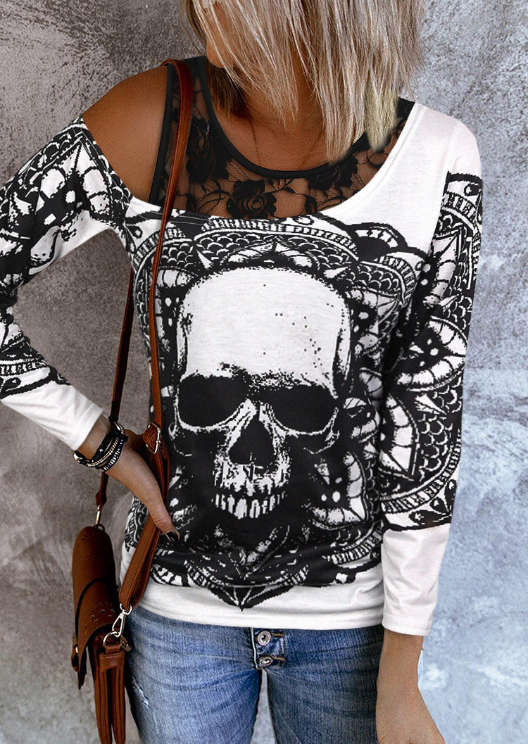 

2Pcs Halloween Skull Gothic Blouse And Lace Tank - Black, SCM019160