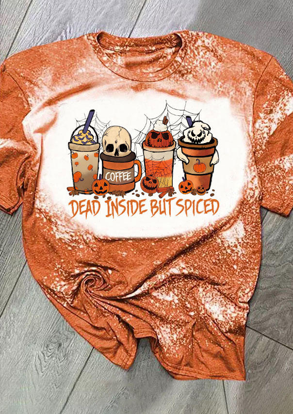 

Dead Inside Blit Spiced Pumpkin Face Coffee Bleached T-Shirt Tee - Orange, SCM019168