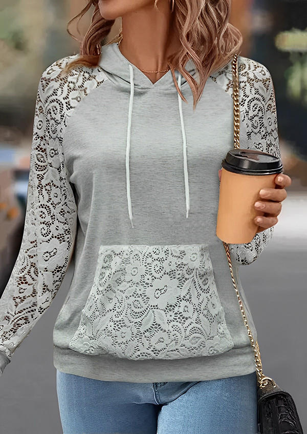 

Lace Splicing Kangaroo Pocket Hoodie - Gray, SCM019428