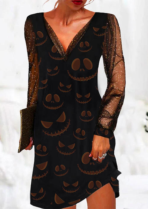 Pumpkin Face Lace Splicing Mini Dress - Black