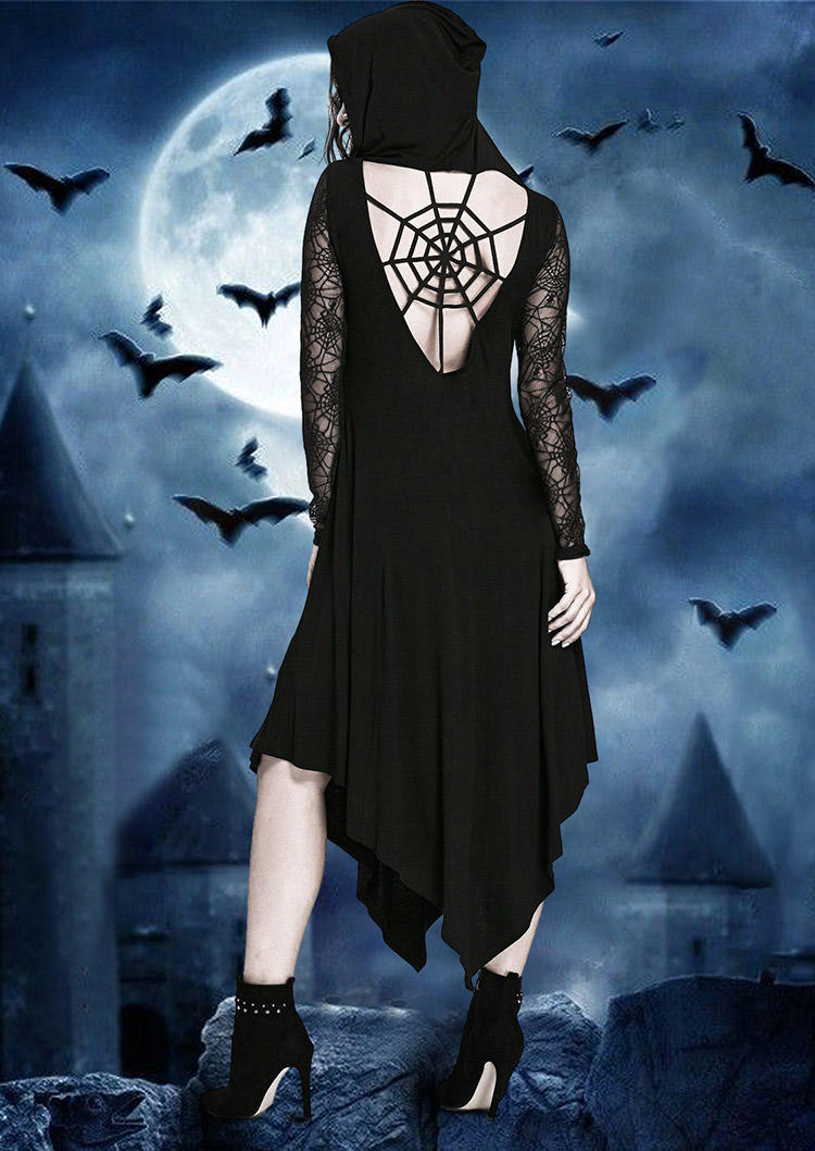 

Halloween Spider Web Lace Splicing Irregular Hem Midi Dress - Black, SCM018748