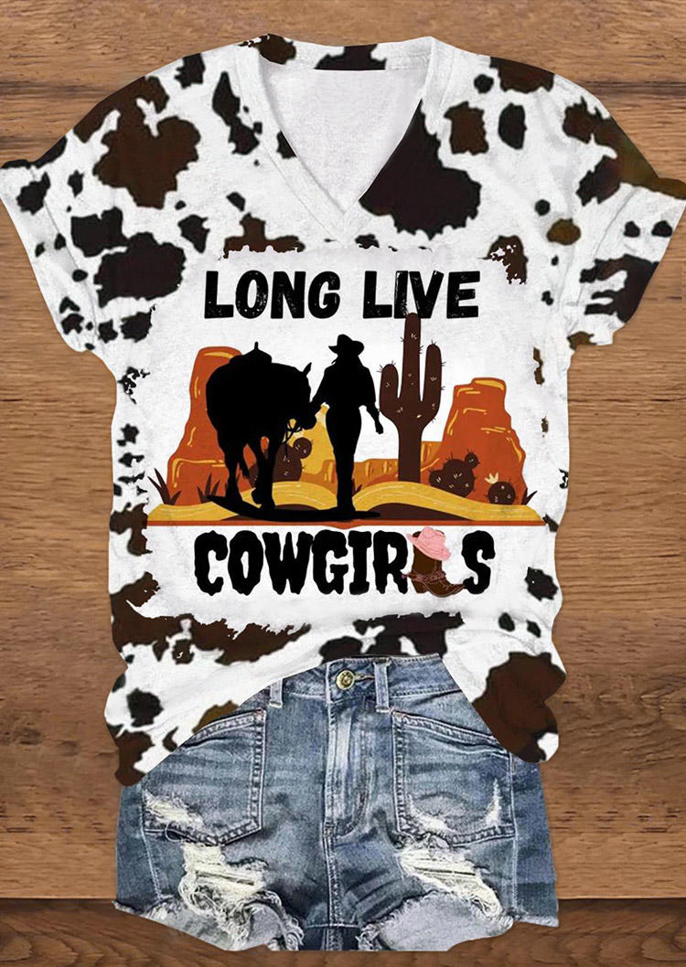 

Long Live Cowgirls Cactus V-Neck T-Shirt Tee - White, SCM019024