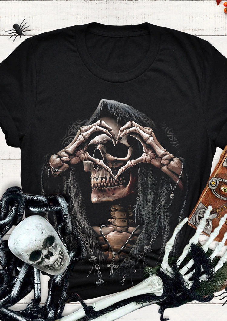 Halloween Heart Skeleton Hand T-Shirt Tee - Black