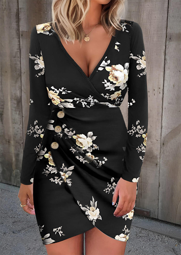 

Floral Wrap Button Long Sleeve Bodycon Dress, Multicolor, SCM019092