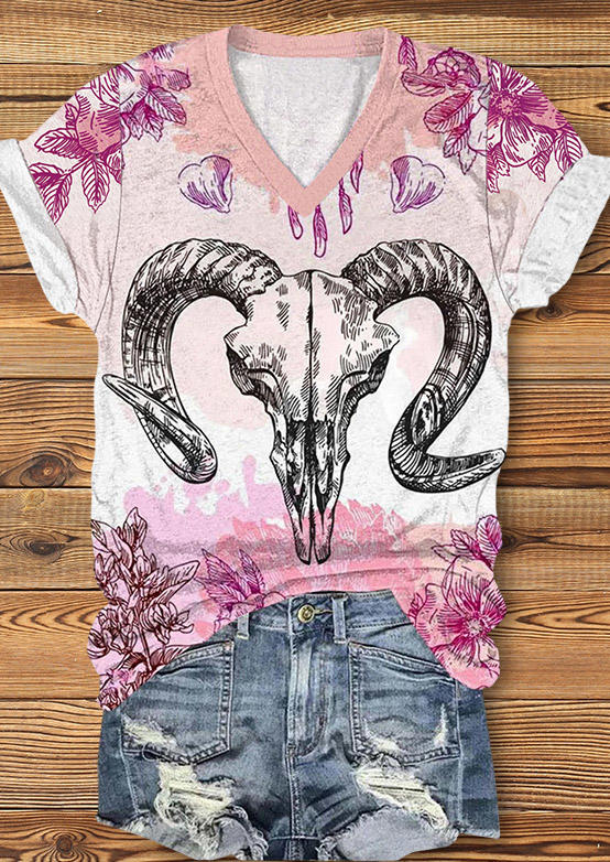 

Floral Steer Skull Short Sleeve V-Neck T-Shirt Tee, White, SCM019150