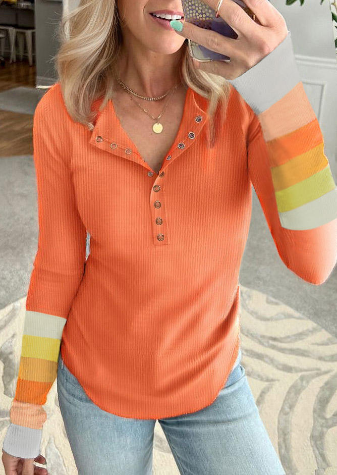 

Striped Snap Button Long Sleeve Blouse - Orange, SCM019165