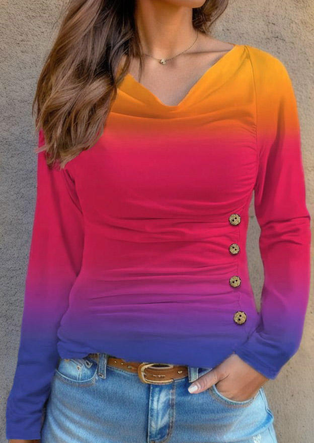 

Gradient Ruched Button Cowl Neck Blouse, Multicolor, SCM019205